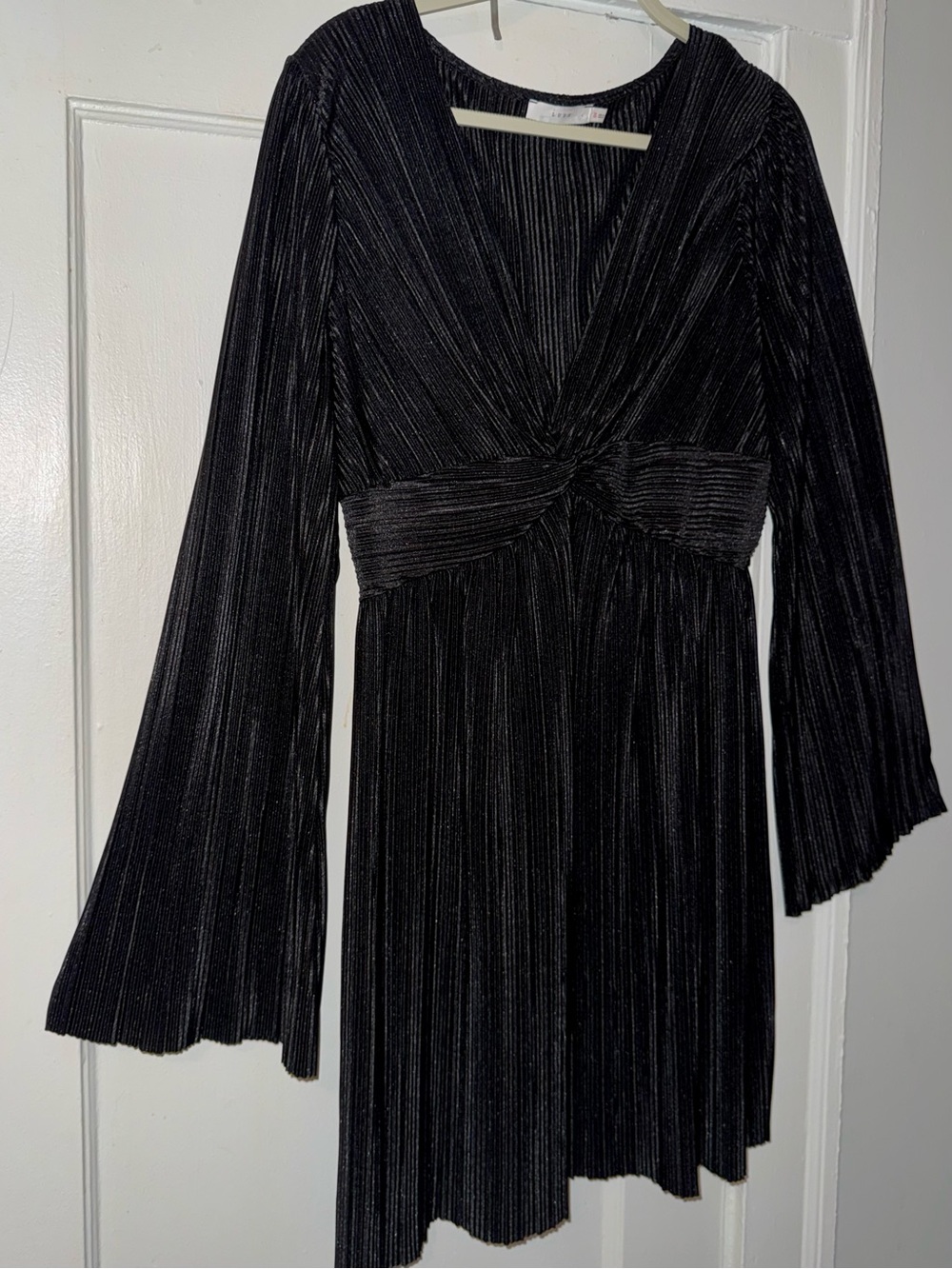 Lush Black Metallic Pleated V-Neck Long Sleeve Dress